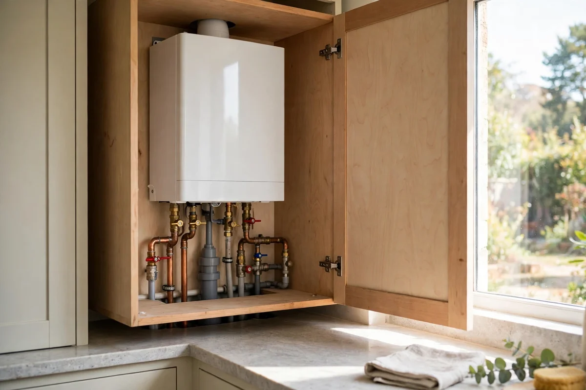 Small white combi boiler inside a kitchen cupboard with pipes below