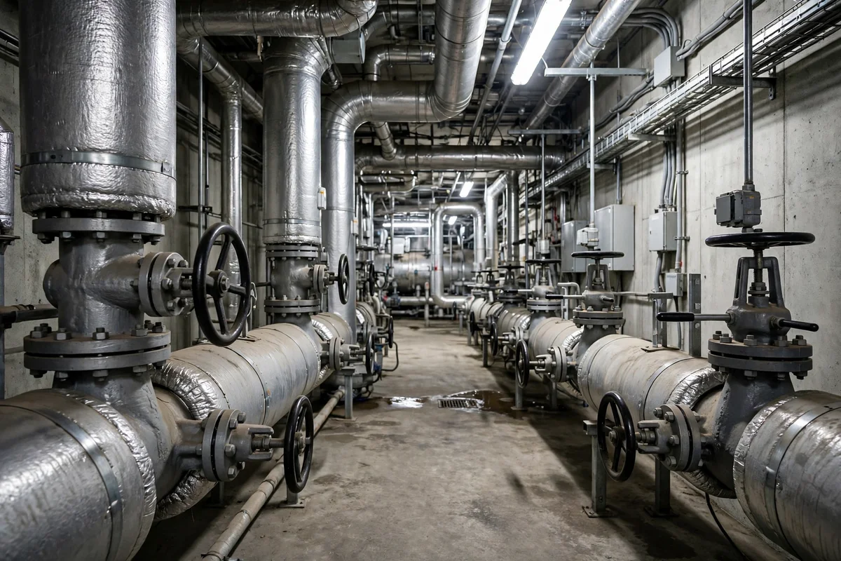 Large insulated steel pipes and valves in a commercial boiler room corridor