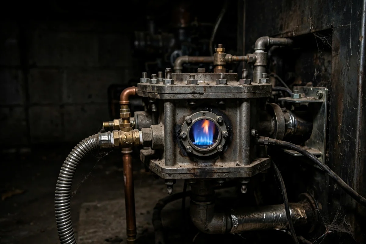 Boiler burner viewed through a small round inspection window