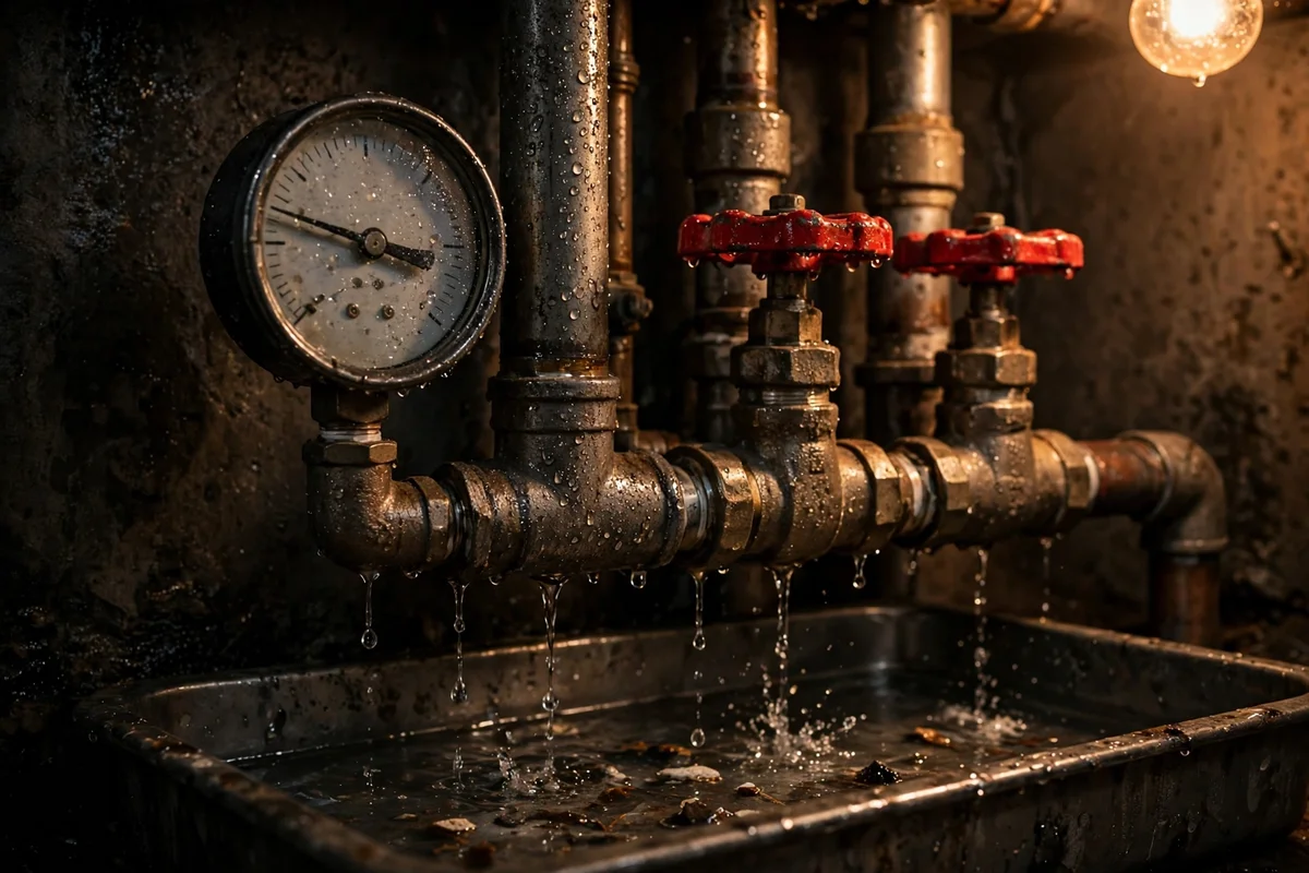 Boiler pipes and red valves with water dripping into a tray