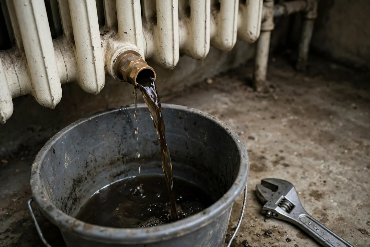 Dark water draining from a radiator valve into a bucket