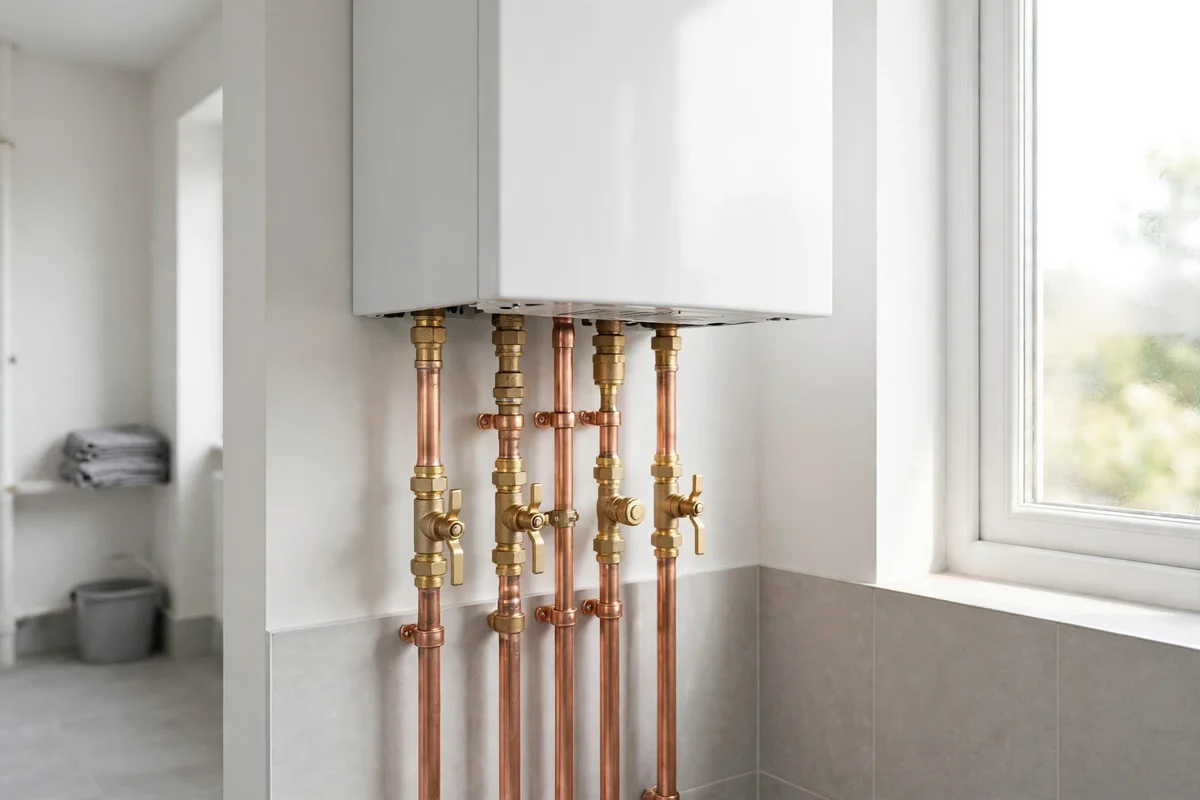 Neat copper pipework and brass fittings under a new wall boiler