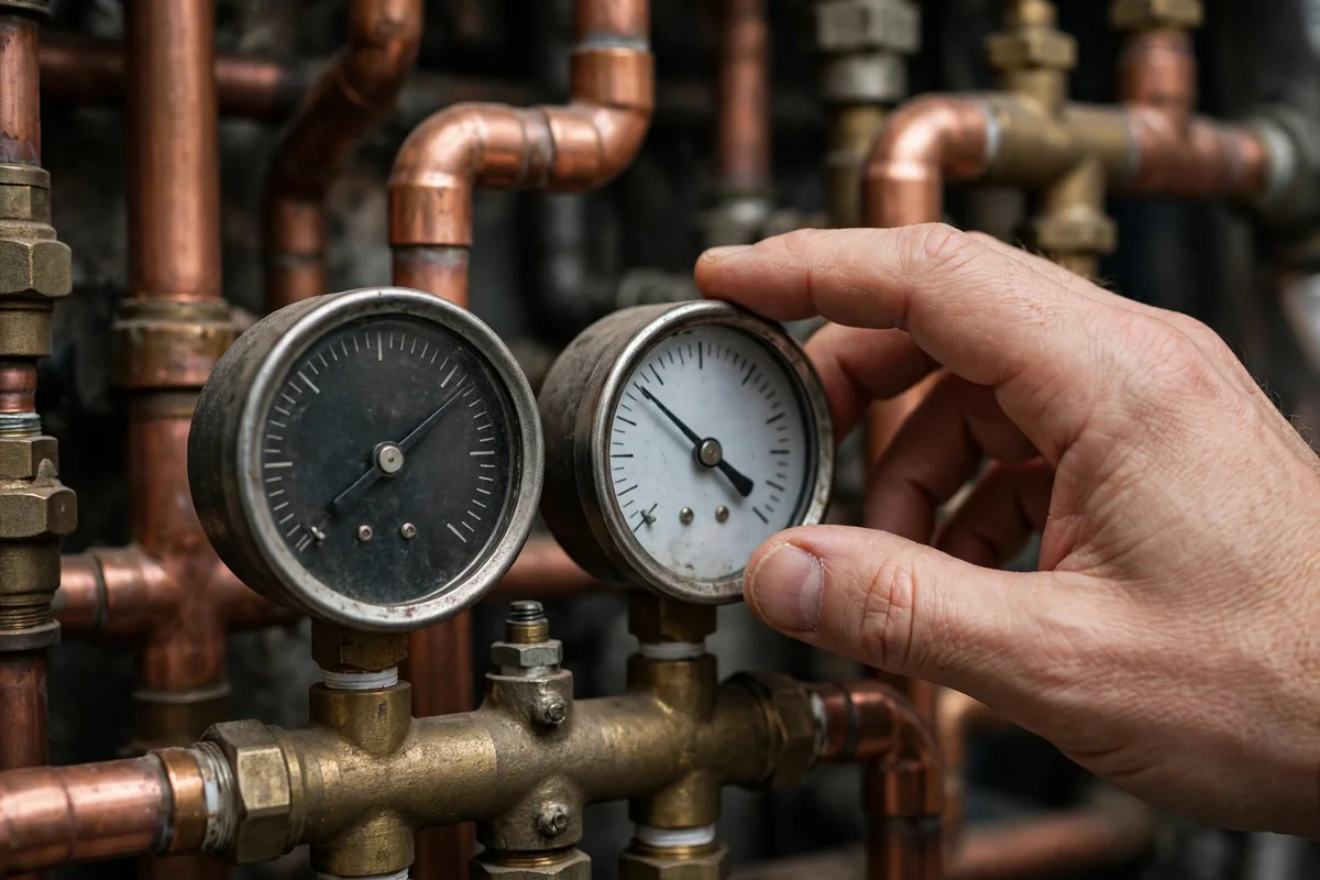 Hand checking boiler pressure gauges beside copper pipes