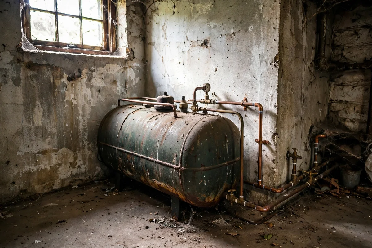 Old heating oil tank in a basement corner with fuel lines