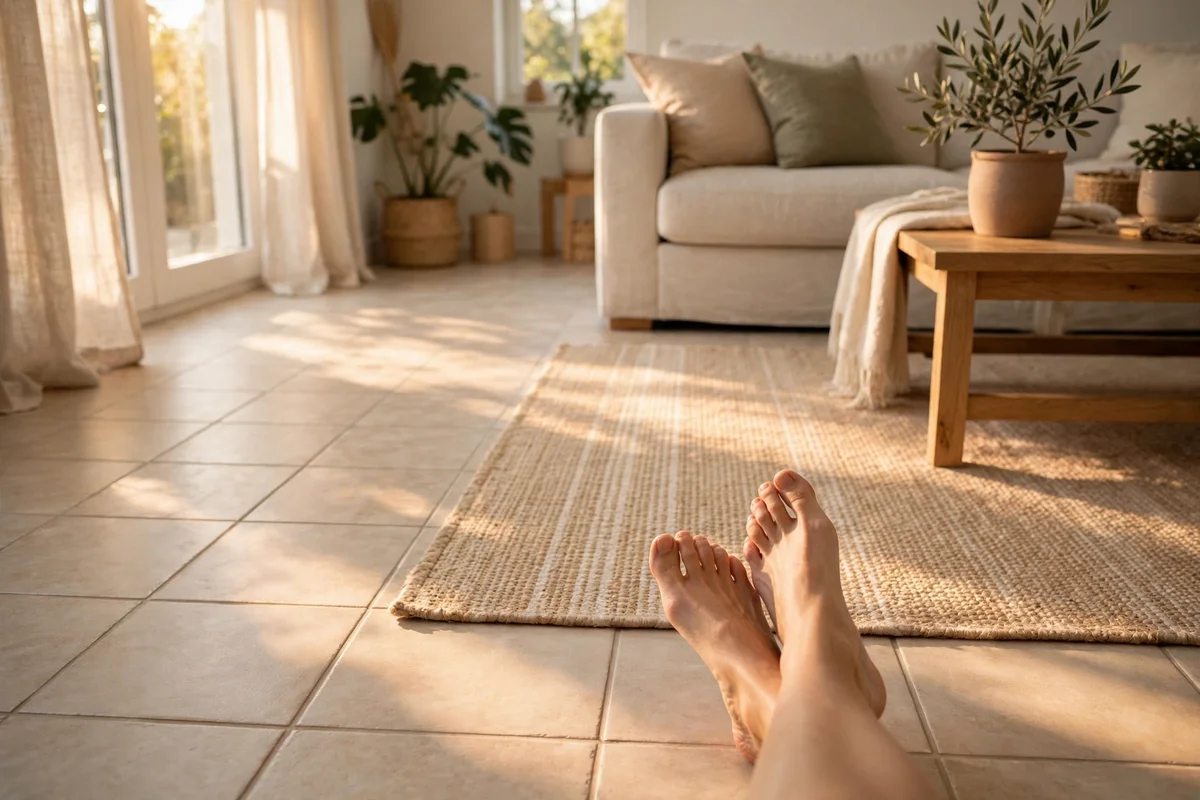 Bright living room with tile floor and sunlight, no radiators visible