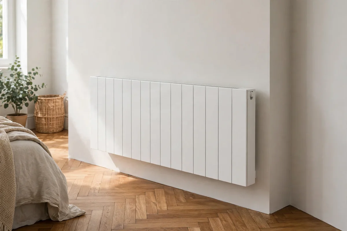New slim white panel radiator on a freshly painted bedroom wall