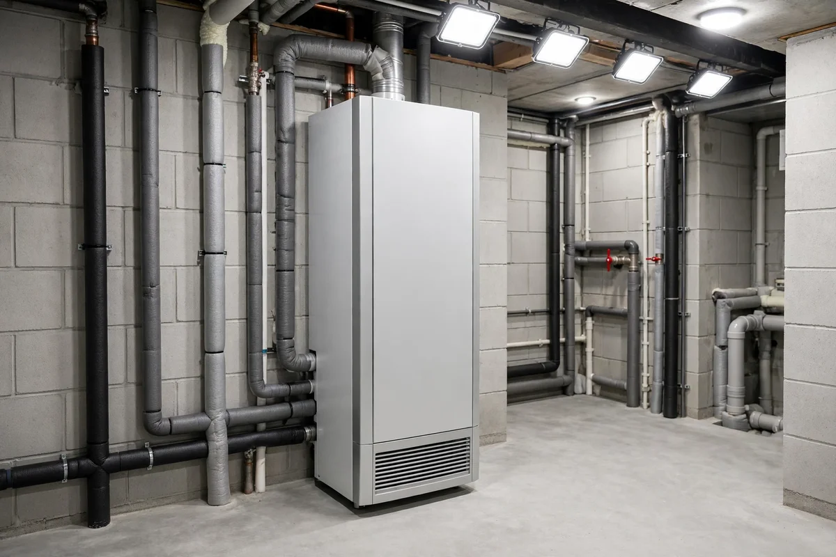 New floor boiler with insulated pipes in a clean basement