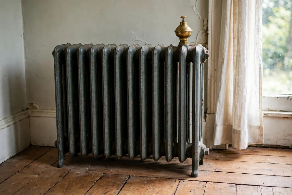 Old cast iron steam radiator with brass air vent valve